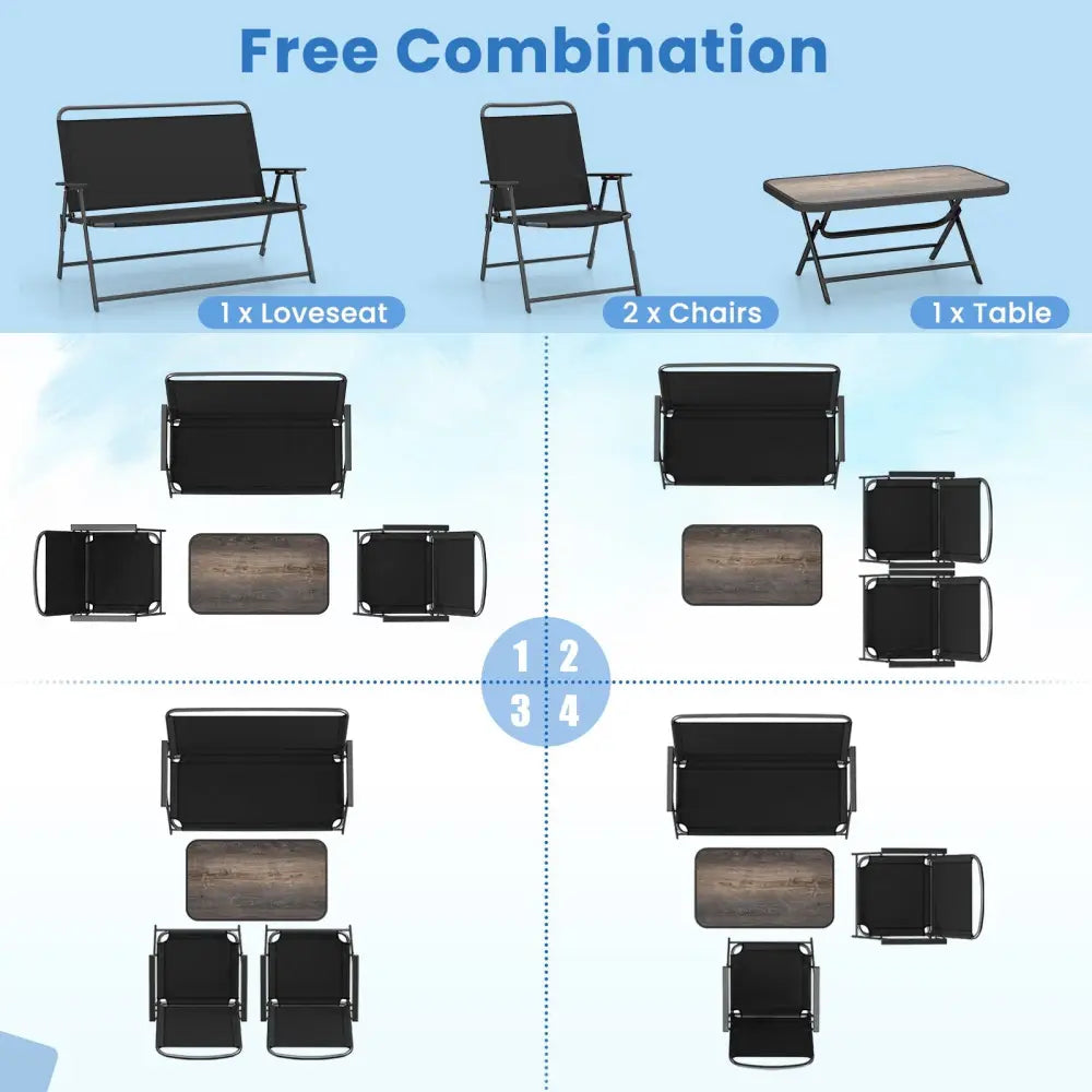 4 Pieces Patio Folding Furniture Set with SPC Coffee Table and Patio Chairs-Black - Black - Patio Conversation Sets