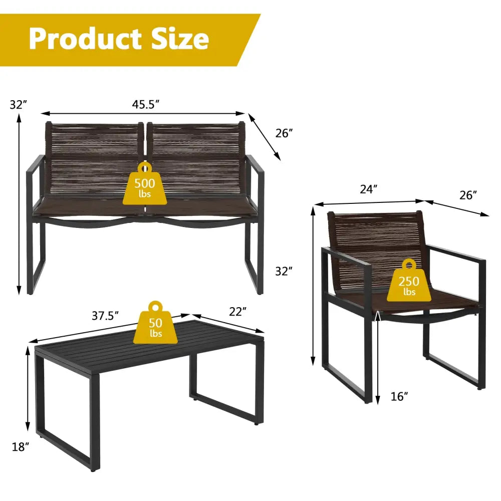 4 Pieces Patio Furniture Conversation Set with Sofa Loveseat - Black - Patio Conversation Sets