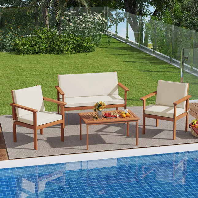 4 Pieces Patio Furniture Set Acacia Wood Porch Chairs with Table-White - White - Patio Conversation Sets