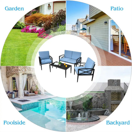 4 Pieces Patio Furniture Set Aluminum Frame Cushioned Sofa - Black - Patio Conversation Sets