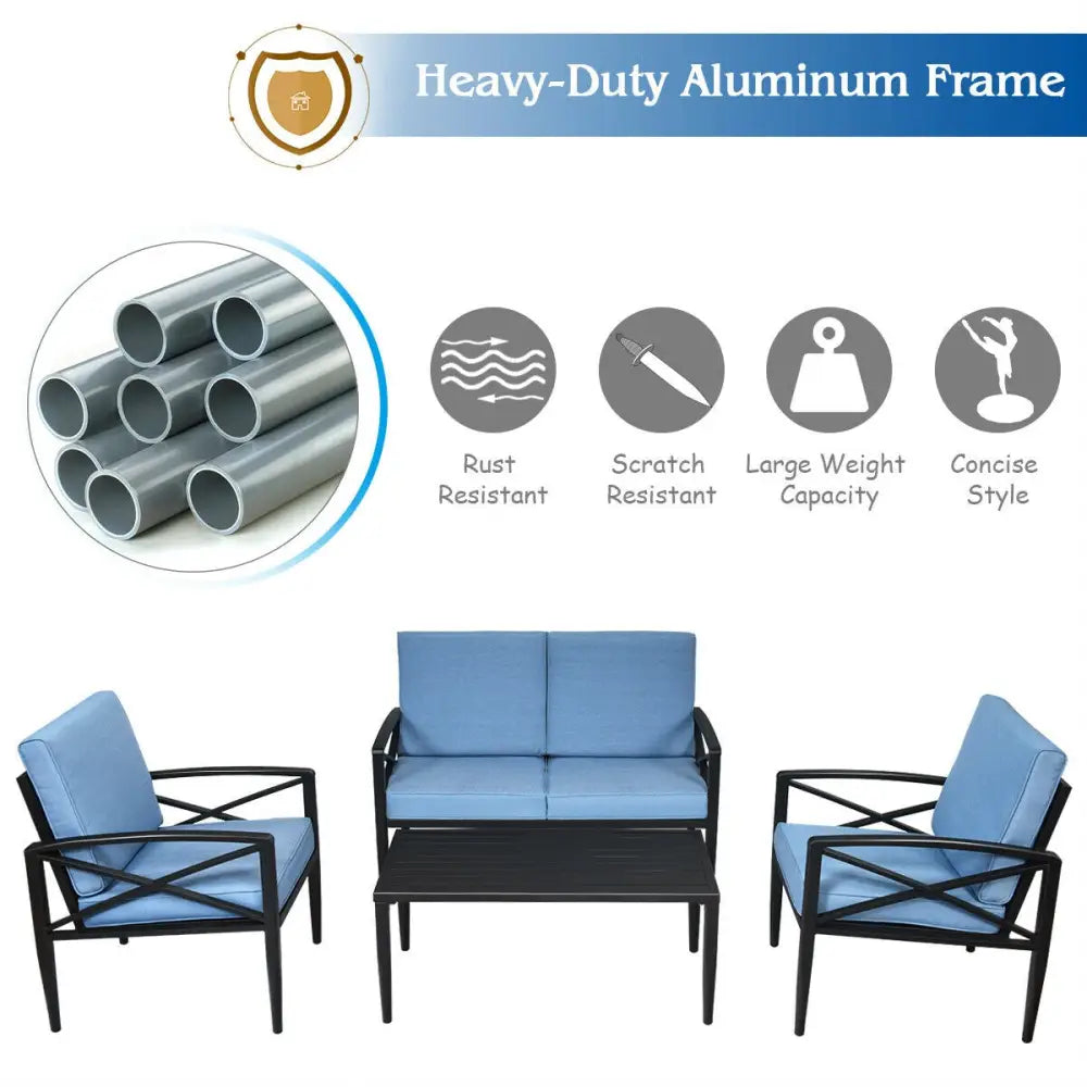 4 Pieces Patio Furniture Set Aluminum Frame Cushioned Sofa - Black - Patio Conversation Sets