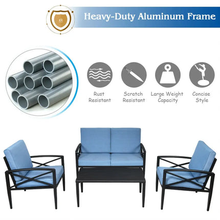 4 Pieces Patio Furniture Set Aluminum Frame Cushioned Sofa - Black - Patio Conversation Sets