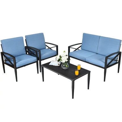4 Pieces Patio Furniture Set Aluminum Frame Cushioned Sofa - Black - Patio Conversation Sets