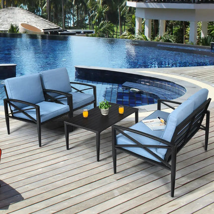 4 Pieces Patio Furniture Set Aluminum Frame Cushioned Sofa - Black - Patio Conversation Sets