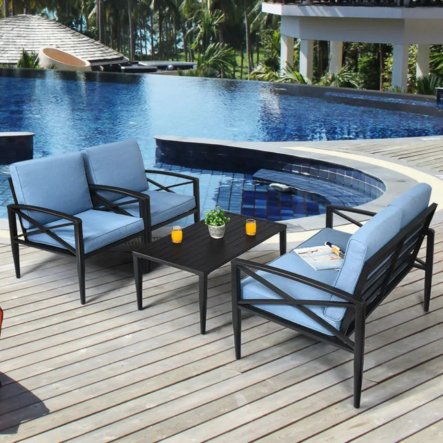 4 Pieces Patio Furniture Set Aluminum Frame Cushioned Sofa - Black - Patio Conversation Sets