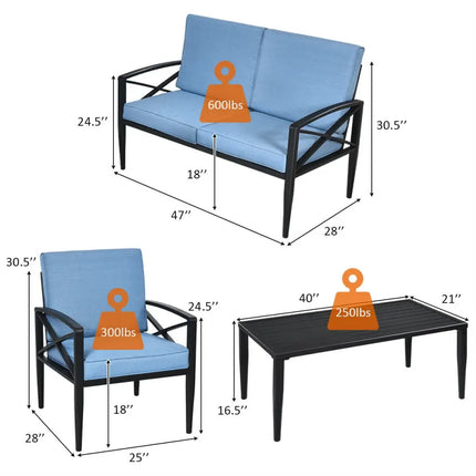 4 Pieces Patio Furniture Set Aluminum Frame Cushioned Sofa - Black - Patio Conversation Sets