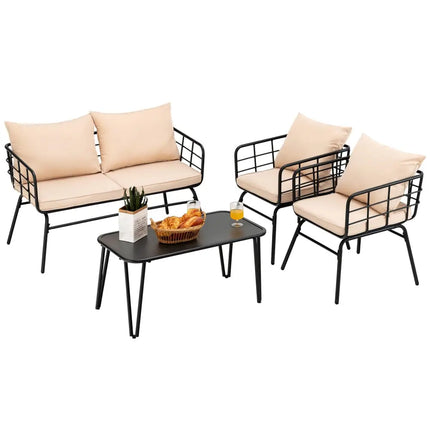4 Pieces Patio Furniture Set Cushioned Sofa Loveseat Armrest Table for Garden-Beige - Beige - Patio Conversation Sets