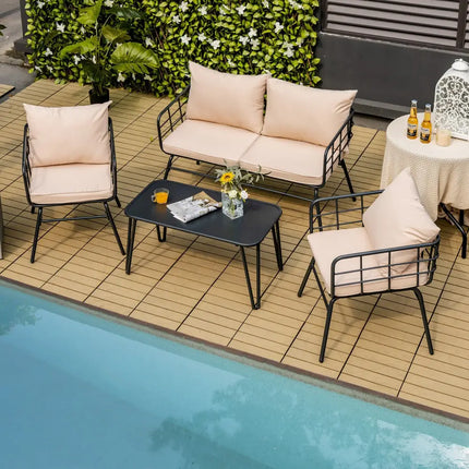 4 Pieces Patio Furniture Set Cushioned Sofa Loveseat Armrest Table for Garden-Beige - Beige - Patio Conversation Sets