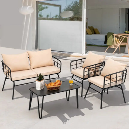 4 Pieces Patio Furniture Set Cushioned Sofa Loveseat Armrest Table for Garden-Beige - Beige - Patio Conversation Sets