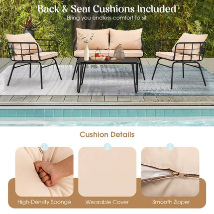 4 Pieces Patio Furniture Set Cushioned Sofa Loveseat Armrest Table for Garden-Beige - Beige - Patio Conversation Sets