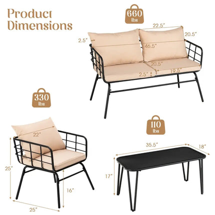 4 Pieces Patio Furniture Set Cushioned Sofa Loveseat Armrest Table for Garden-Beige - Beige - Patio Conversation Sets