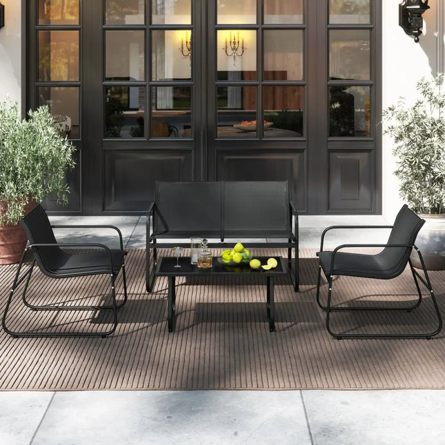 4 Pieces Patio Furniture Set Fabric Lawn Chairs and Loveseat with Glass Coffee Table - Black - Patio Conversation Sets