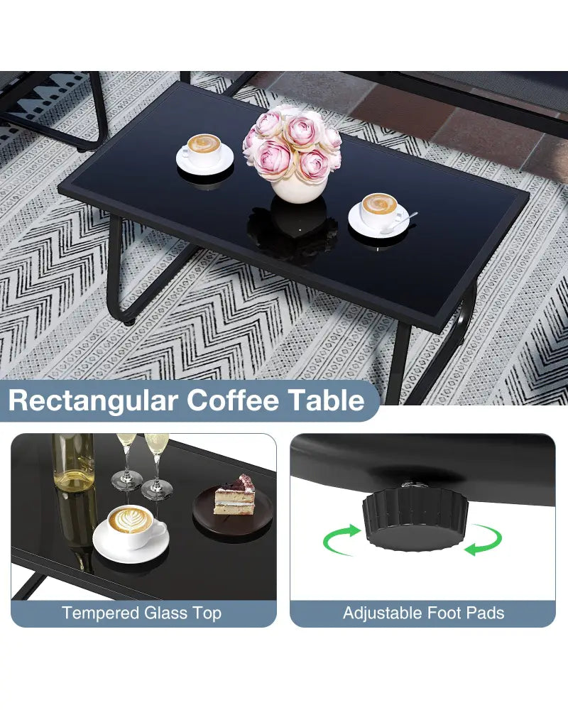 4 Pieces Patio Furniture Set Fabric Lawn Chairs and Loveseat with Glass Coffee Table - Black - Patio Conversation Sets