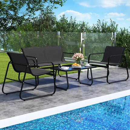 4 Pieces Patio Furniture Set Fabric Lawn Chairs and Loveseat with Glass Coffee Table - Black - Patio Conversation Sets