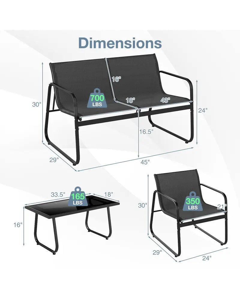 4 Pieces Patio Furniture Set Fabric Lawn Chairs and Loveseat with Glass Coffee Table - Black - Patio Conversation Sets