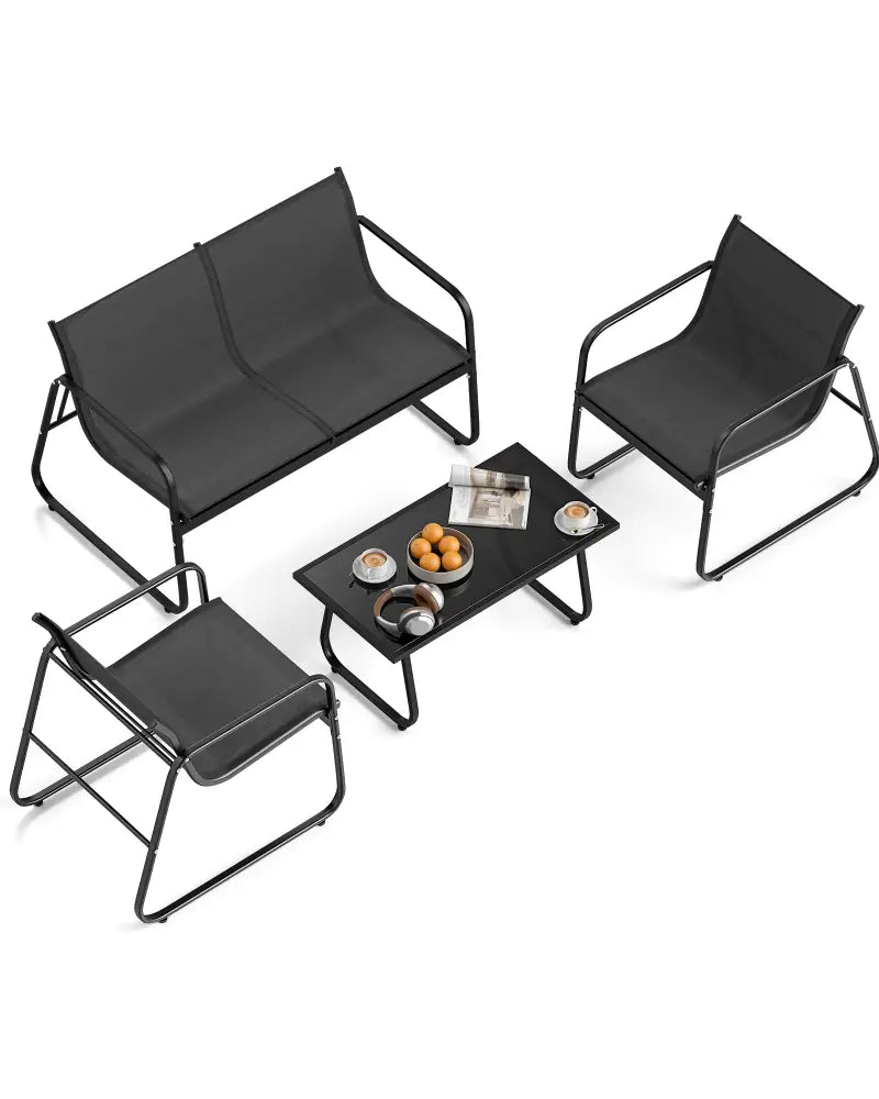 4 Pieces Patio Furniture Set Fabric Lawn Chairs and Loveseat with Glass Coffee Table - Black - Patio Conversation Sets