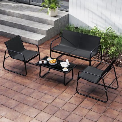 4 Pieces Patio Furniture Set Fabric Lawn Chairs and Loveseat with Glass Coffee Table - Black - Patio Conversation Sets