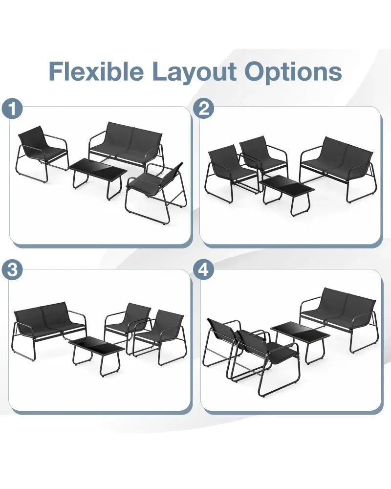 4 Pieces Patio Furniture Set Fabric Lawn Chairs and Loveseat with Glass Coffee Table - Black - Patio Conversation Sets