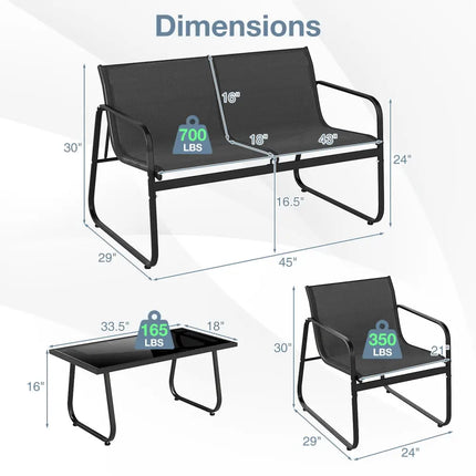 4 Pieces Patio Furniture Set Fabric Lawn Chairs and Loveseat with Glass Coffee Table - Black - Patio Conversation Sets