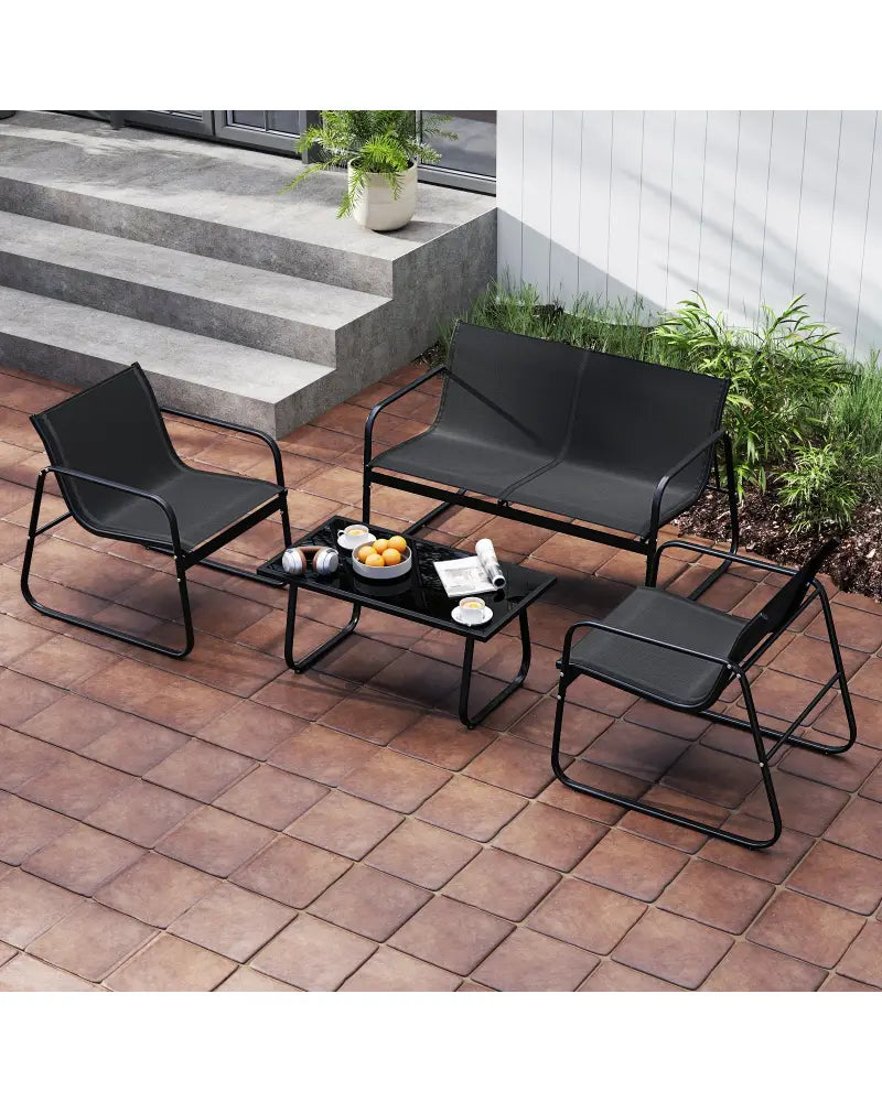 4 Pieces Patio Furniture Set Fabric Lawn Chairs and Loveseat with Glass Coffee Table - Black - Patio Conversation Sets