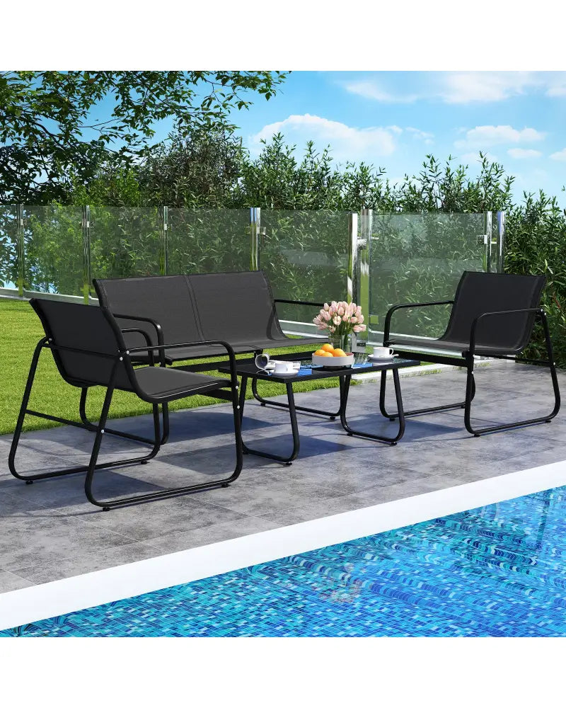 4 Pieces Patio Furniture Set Fabric Lawn Chairs and Loveseat with Glass Coffee Table - Black - Patio Conversation Sets