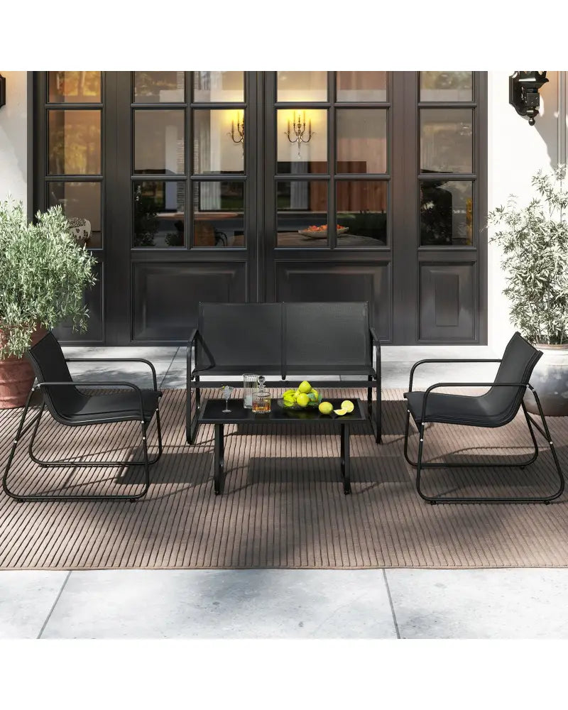 4 Pieces Patio Furniture Set Fabric Lawn Chairs and Loveseat with Glass Coffee Table - Black - Patio Conversation Sets