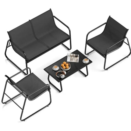 4 Pieces Patio Furniture Set Fabric Lawn Chairs and Loveseat with Glass Coffee Table - Black - Patio Conversation Sets