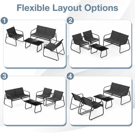 4 Pieces Patio Furniture Set Fabric Lawn Chairs and Loveseat with Glass Coffee Table - Black - Patio Conversation Sets