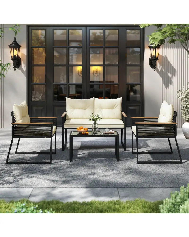 4 Pieces Patio Furniture Set Outdoor Conversation Set with Tempered Glass Coffee Table-Black - Black - Patio Furniture