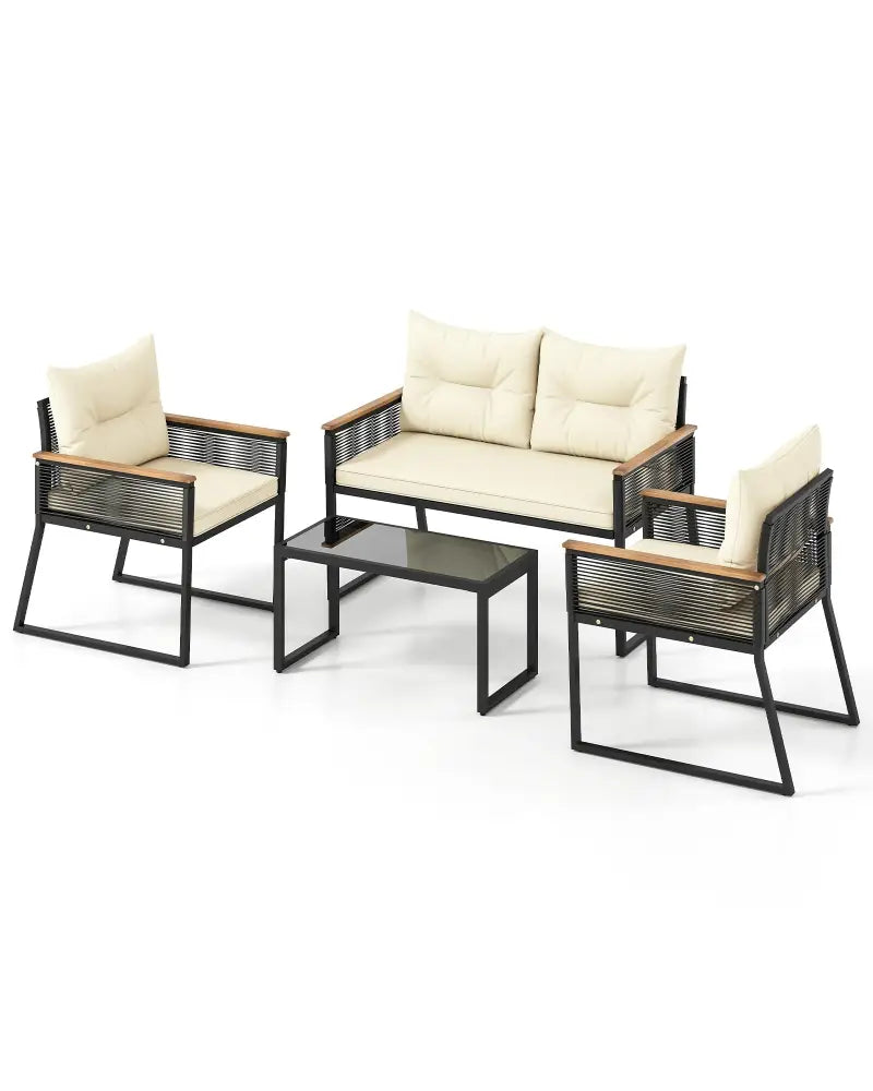 4 Pieces Patio Furniture Set Outdoor Conversation Set with Tempered Glass Coffee Table-Black - Black - Patio Furniture