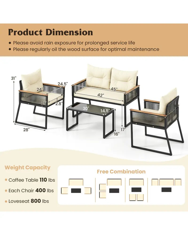 4 Pieces Patio Furniture Set Outdoor Conversation Set with Tempered Glass Coffee Table-Black - Black - Patio Furniture