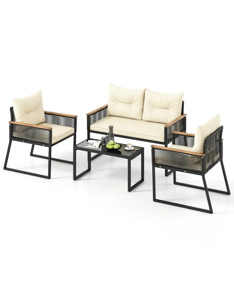 4 Pieces Patio Furniture Set Outdoor Conversation Set with Tempered Glass Coffee Table-Black - Black - Patio Furniture