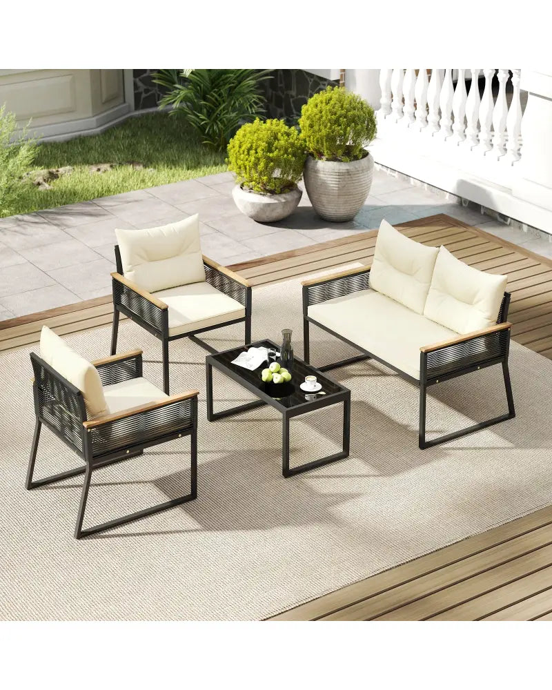 4 Pieces Patio Furniture Set Outdoor Conversation Set with Tempered Glass Coffee Table-Black - Black - Patio Furniture
