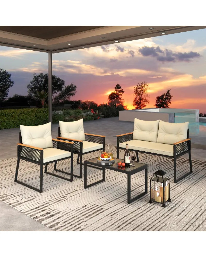 4 Pieces Patio Furniture Set Outdoor Conversation Set with Tempered Glass Coffee Table-Black - Black - Patio Furniture