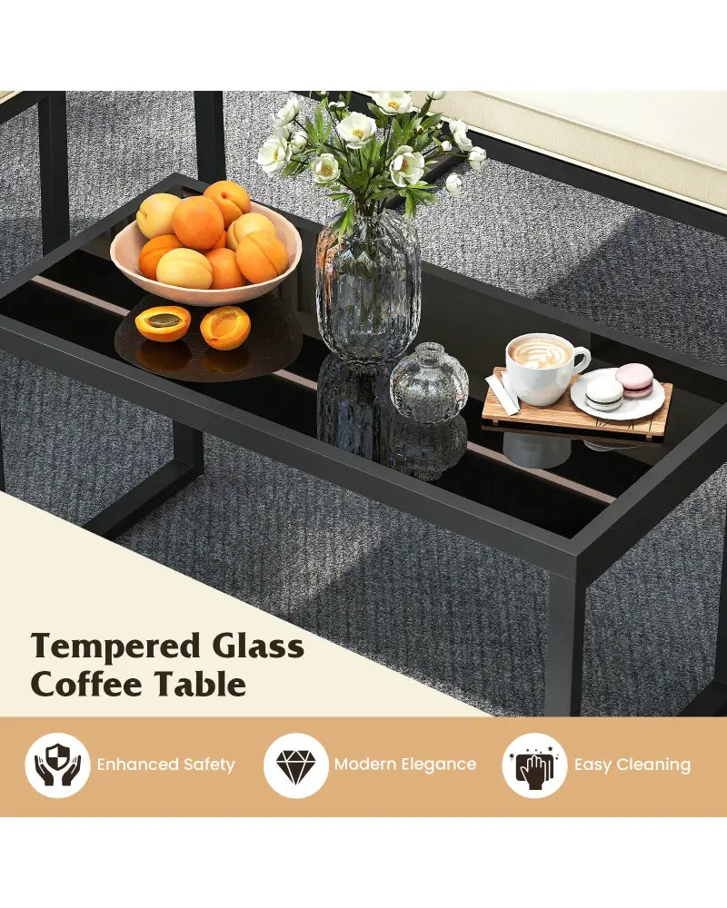4 Pieces Patio Furniture Set Outdoor Conversation Set with Tempered Glass Coffee Table-Black - Black - Patio Furniture