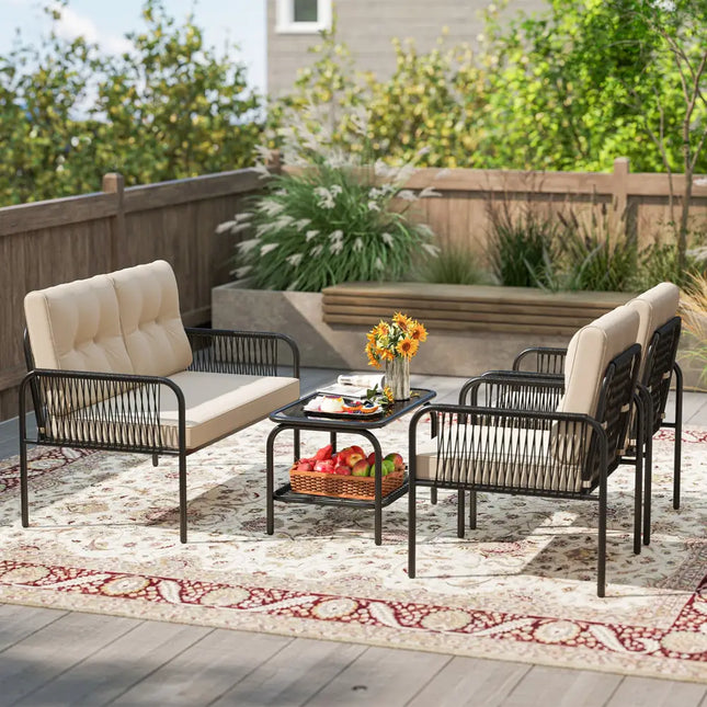 4 Pieces Patio Furniture Set PE Rattan Sofa Chairs with Loveseat-Beige - Beige - Patio Conversation Sets