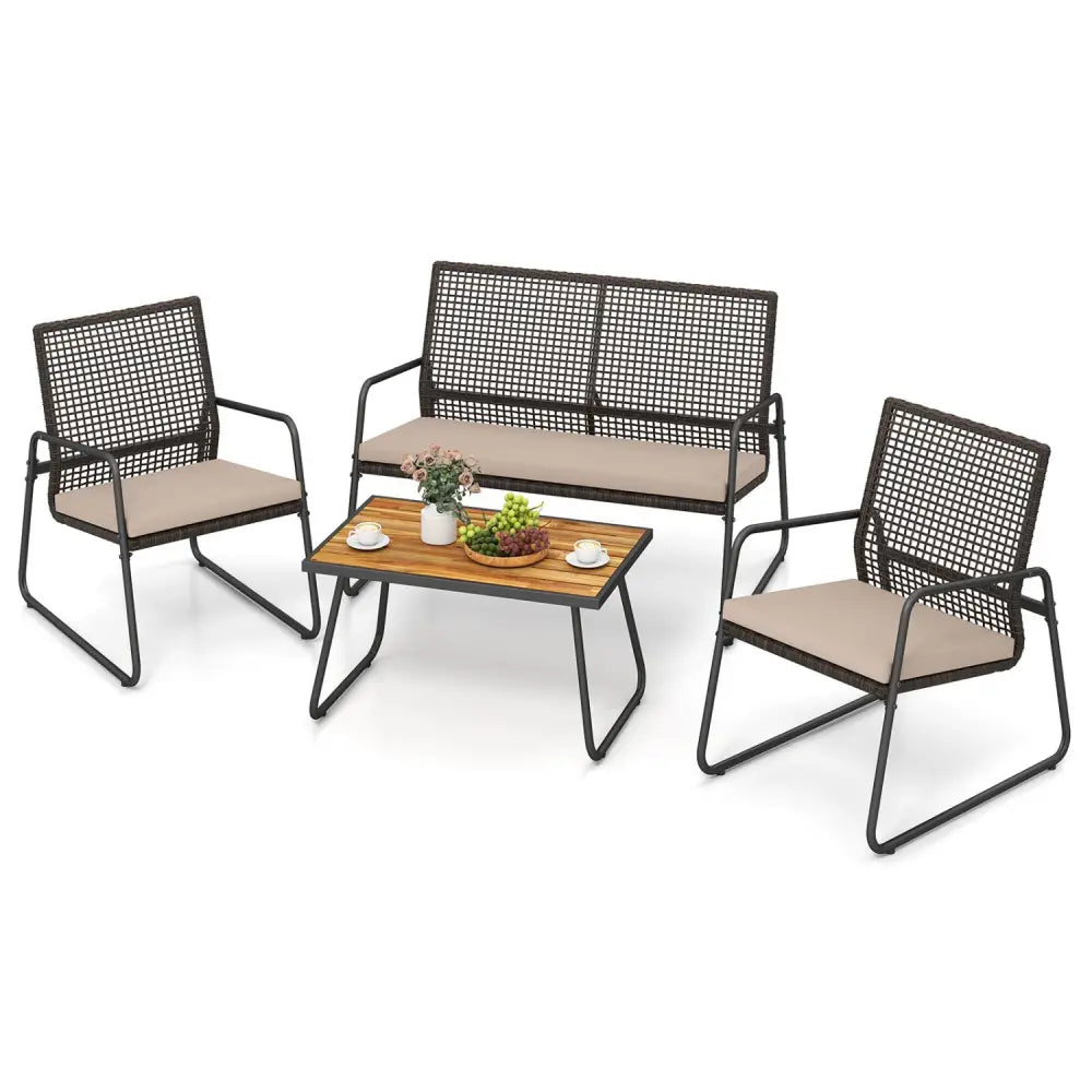 4 Pieces Patio Furniture Set with Acacia Wood Coffee Table and Zippered Cushions-Mix Brown - Brown - Patio Furniture