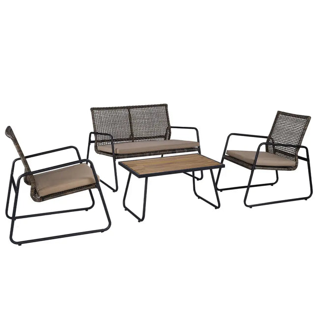 4 Pieces Patio Furniture Set with Acacia Wood Coffee Table and Zippered Cushions-Mix Brown - Brown - Patio Furniture