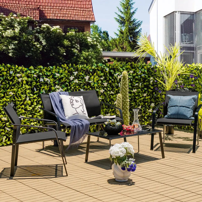 4 Pieces Patio Furniture Set with Armrest Loveseat Sofas and Glass Table Deck-Black - Black - Patio Conversation Sets