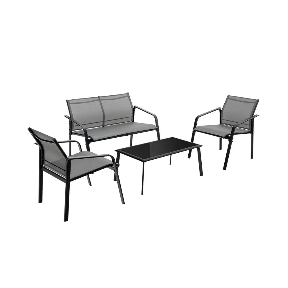 4 Pieces Patio Furniture Set with Armrest Loveseat Sofas and Glass Table Deck-Gray - Gray - Patio Conversation Sets