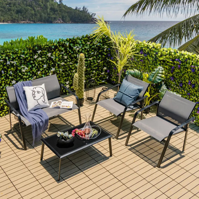 4 Pieces Patio Furniture Set with Armrest Loveseat Sofas and Glass Table Deck-Gray - Gray - Patio Conversation Sets