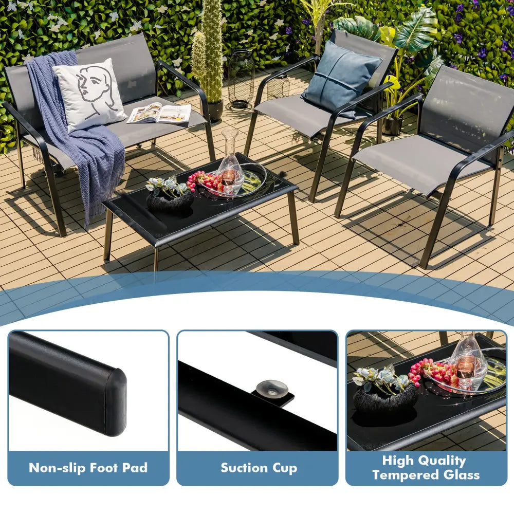 4 Pieces Patio Furniture Set with Armrest Loveseat Sofas and Glass Table Deck-Gray - Gray - Patio Conversation Sets