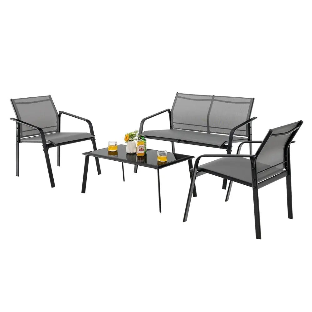 4 Pieces Patio Furniture Set with Armrest Loveseat Sofas and Glass Table Deck-Gray - Gray - Patio Conversation Sets