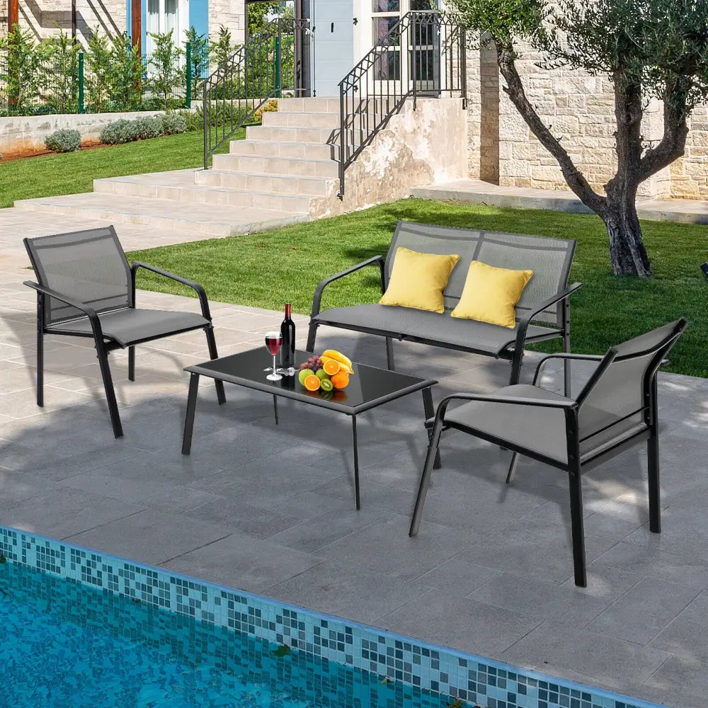 4 Pieces Patio Furniture Set with Armrest Loveseat Sofas and Glass Table Deck-Gray - Gray - Patio Conversation Sets