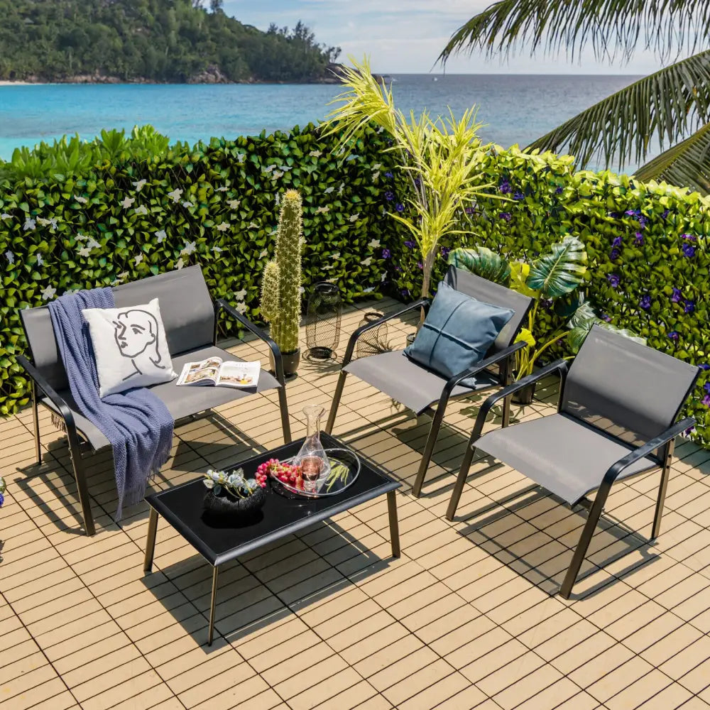 4 Pieces Patio Furniture Set with Armrest Loveseat Sofas and Glass Table Deck-Gray - Gray - Patio Conversation Sets
