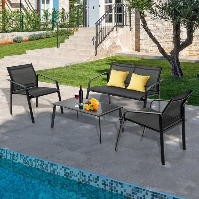 4 Pieces Patio Furniture Set with Armrest Loveseat Sofas and Glass Table Deck-Black - Black - Patio Conversation Sets