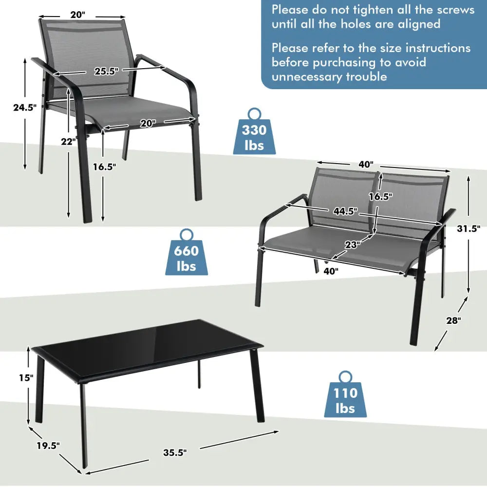 4 Pieces Patio Furniture Set with Armrest Loveseat Sofas and Glass Table Deck-Gray - Gray - Patio Conversation Sets