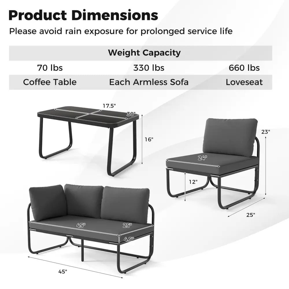 4 Pieces Patio Furniture Set with Cushions and Coffee Table-Gray - Gray - Patio Conversation Sets
