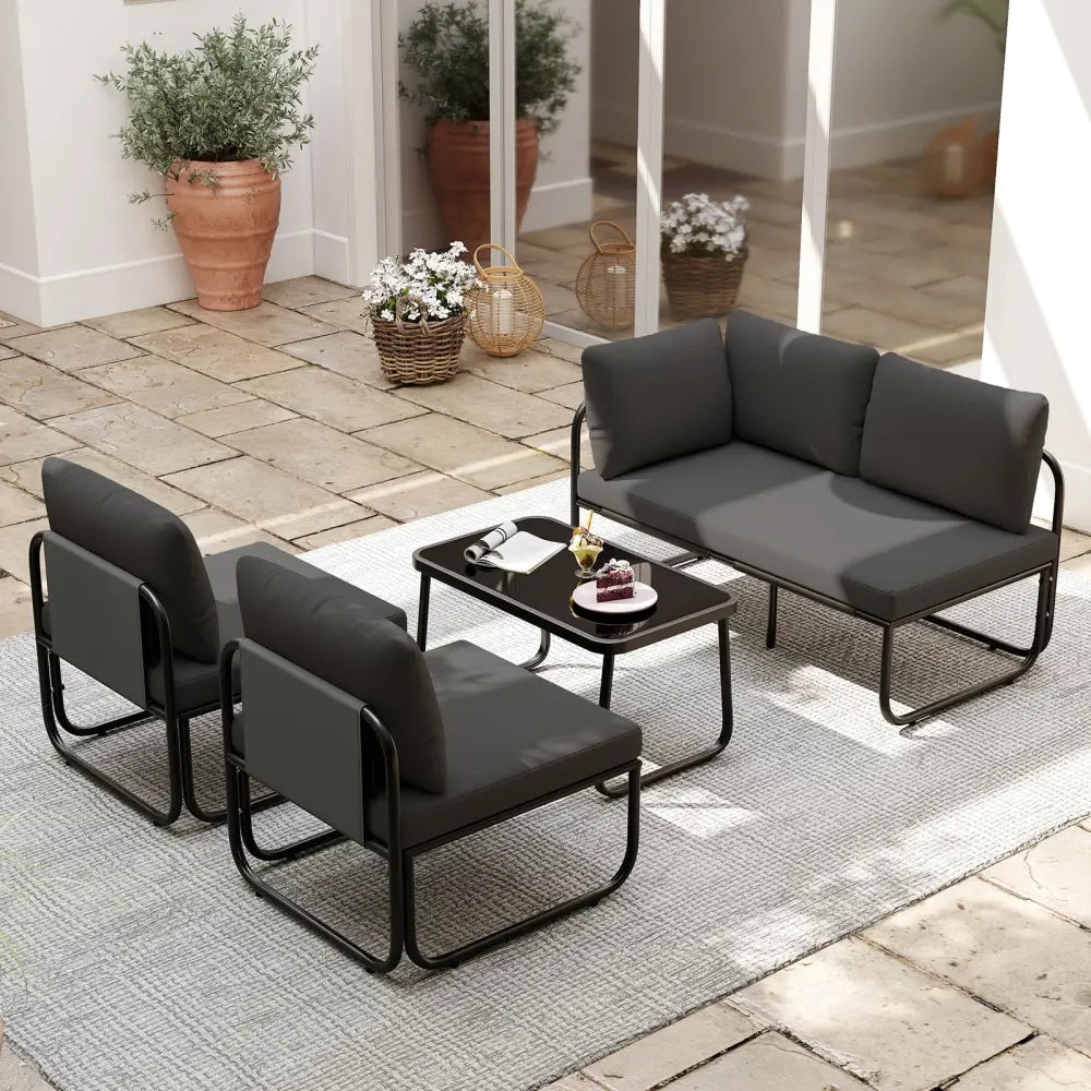 4 Pieces Patio Furniture Set with Cushions and Coffee Table-Gray - Gray - Patio Conversation Sets