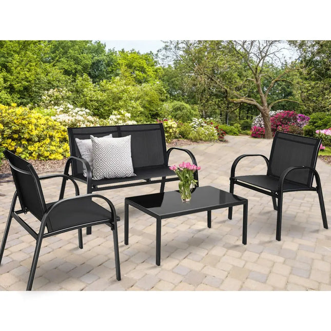 4 Pieces Patio Furniture Set with Glass Top Coffee Table-Black - Black - Patio Conversation Sets